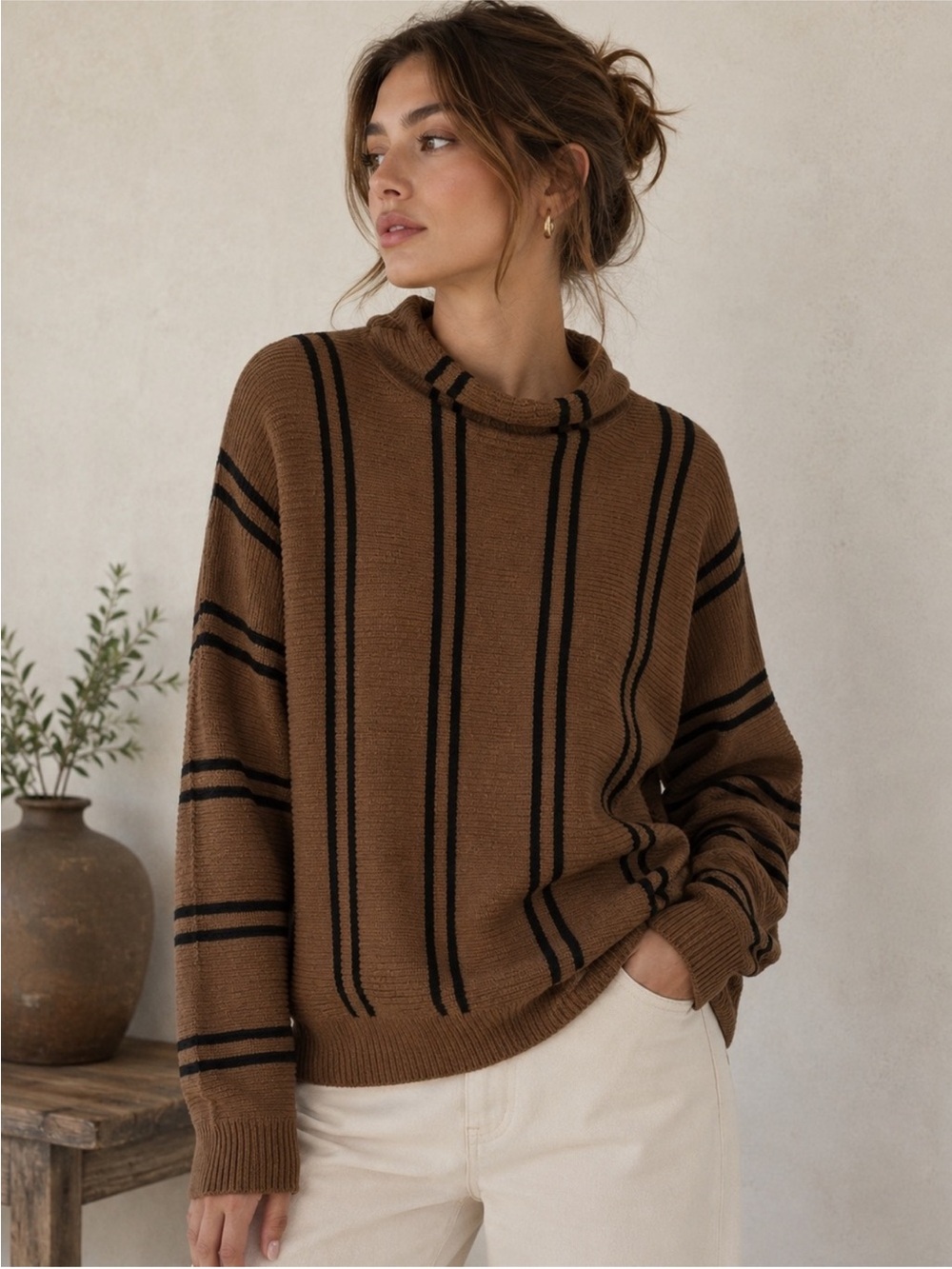 Magaschoni Brown and Black Striped Cowl Neck Sweater